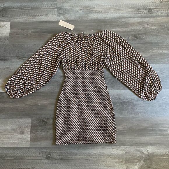 ACOA Puff Sleeve Mini Dress NEW Stretch Earth Tones Party - Picture 7 of 11